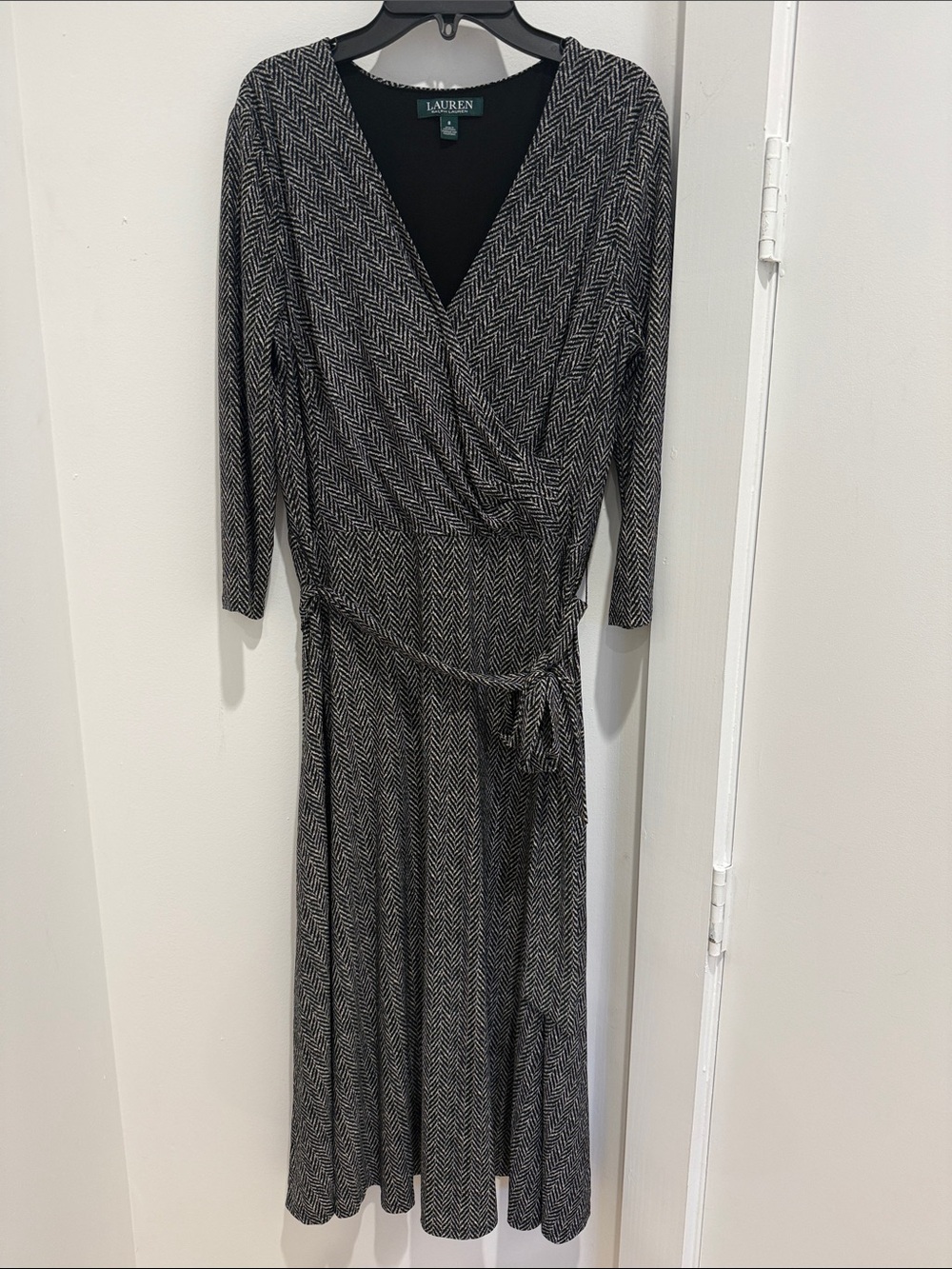 Laure Ralph Lauren Wrap-Style Black & White Herringbone Dress